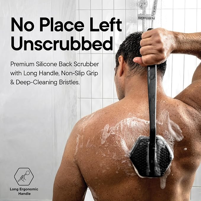 TOOLETRIES Silicone Back Scrubber with Hook, Exfoliating Body & Bath Brush, Long Ergonomic Handle, Non-Slip Grip for Hard-to-Reach Areas, Hygienic Silicone Bath Accessory for Men & Women - Charcoal