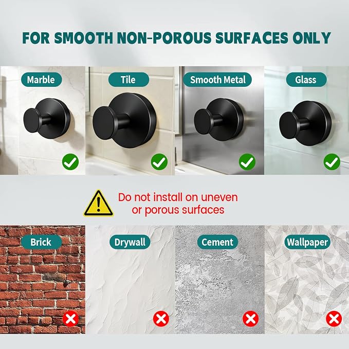 Black Suction Cup Hooks for Shower, Heavy Duty Vacuum Lock No Drill Hooks, Modern Matte Bathroom Hooks for Glass Door Tile & Windows, 4 Pack