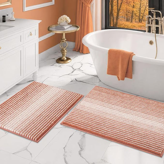 BSICPRO Bathroom Rugs Sets 2 Piece, Non Slip Striped Bath Mat, Light Orange | 20"x32" Plus 16"x24"，Soft Absorbent Chenille, Quick Dry Machine Washable, Shower Rug for Bathroom Floor, Tub, Bedroom Decor