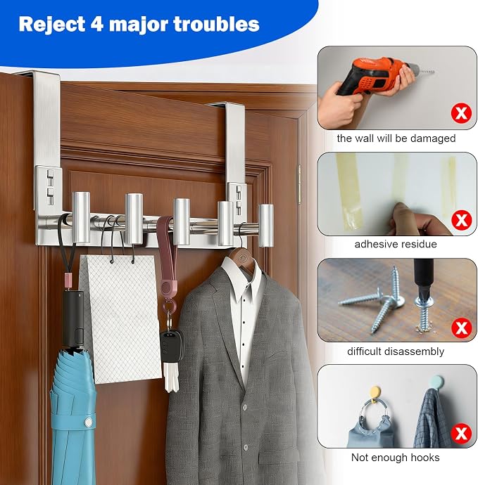 PMMASTO Over The Door Hooks, Door Hanger Hook for Hanging, Coat Rack Organizer for Bathroom, Towel Holder Bathroom Accessories (Silver 5 T-Hooks-Fits 1-3/4" Thick Door)