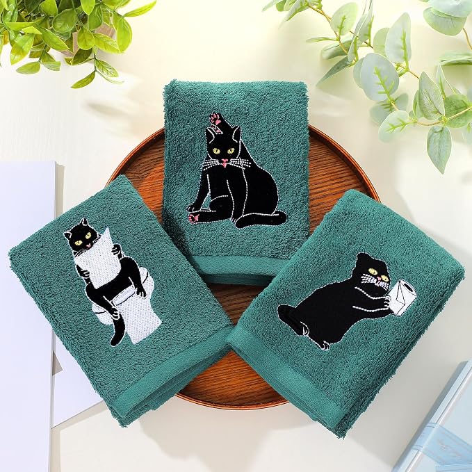 3 Pcs Cat Hand Towels for Bathroom Decor | Embroidered Black Cat Design, 100% Cotton, Halloween Bathroom Kitchen Decor, Absorbent Towels, Holiday Housewarming Gifts