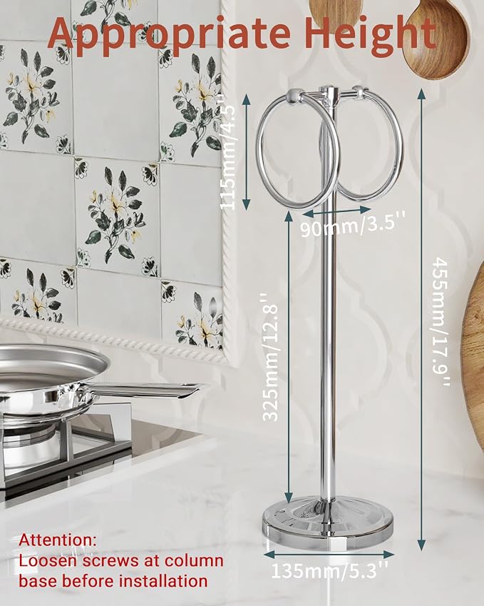 18" Hand Towel Holder Stand, Stainless Steel Free Standing Towel Rack Bar,Double Ring Towel Hanger with Weighted Base, Towel Hardware for Bathroom Vanity Kitchen Countertops(Chrome)