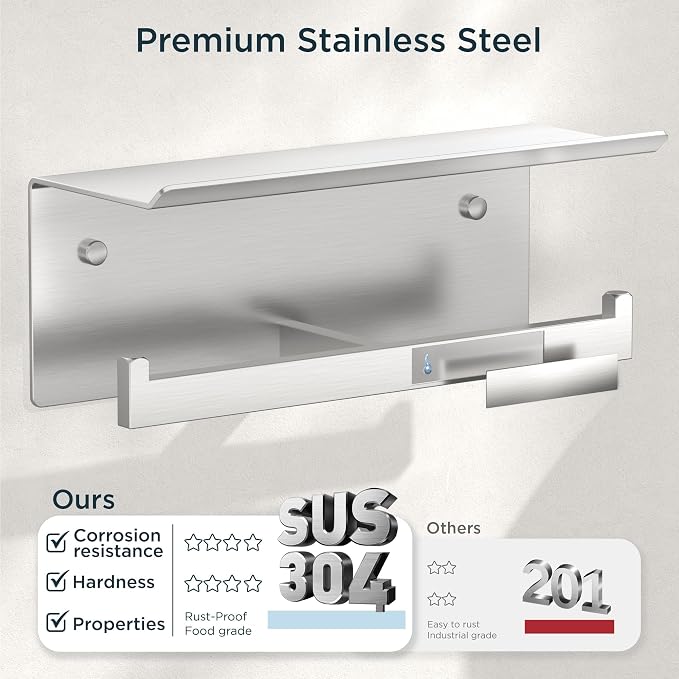 FORIOUS Double Toilet Paper Holder with Shelf, 304 Stainless Steel Wall Mount Commercial Toilet Paper Dispenser, Low Maintenance Bathroom Tissue Roll Holder for Hotel, Apartments, etc, Brushed Nickel