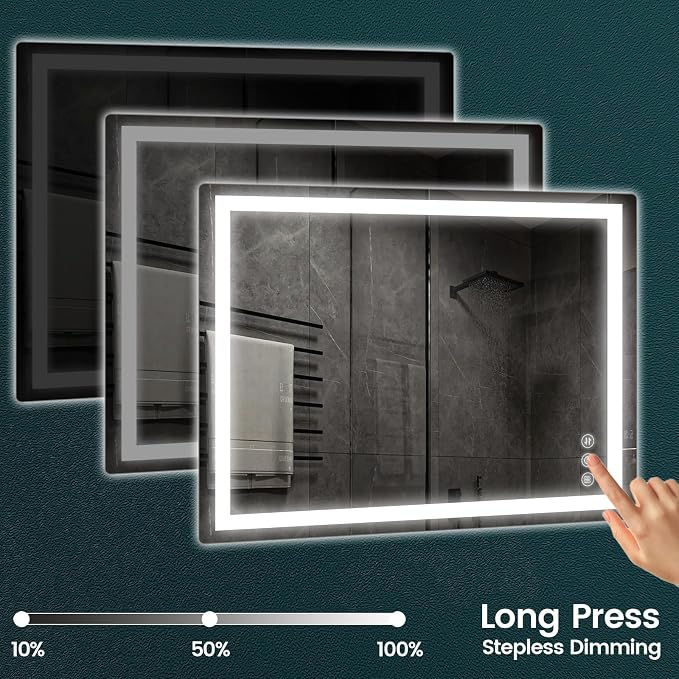 Memobarco 32" x 40" LED Bathroom Mirror with Lights, Memory Vanity Mirror | Anti-Fog, 3 Color Modes, Dimmable, Front Lit, Memory Function, Tempered Glass, Lighted Bathroom Mirror for Wall