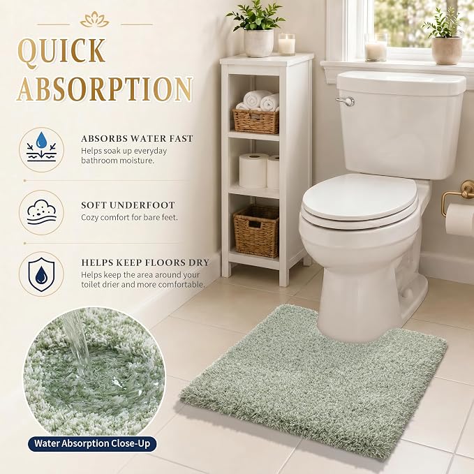Yimobra Toilet Rugs U Shaped Washable 24X20, Ultra Soft and Water Absorbent Bath Mats, Non Slip Fluffy Shaggy Luxury Microfiber Contour Bath Rugs for Toilet, Dry Quick, Light Green and White