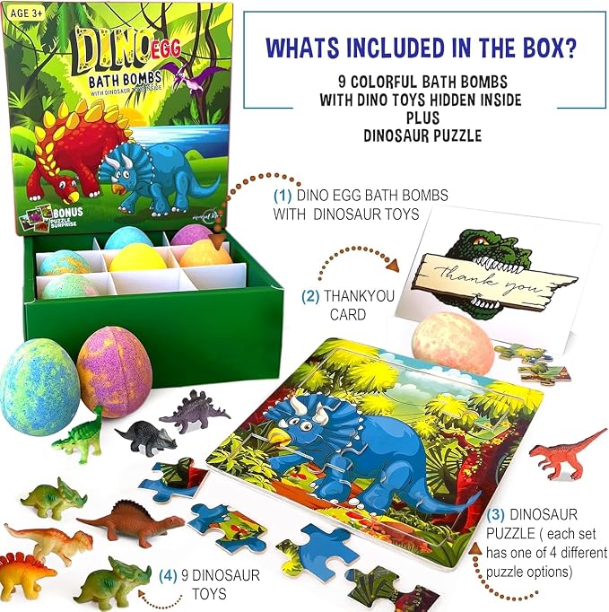 Bath Bombs for Kids with Surprise Toys Inside Plus Dinosaur Puzzle - Set of 9 Organic Dino Egg Bath Bombs with Rich Bubbles, Birthday Gifts for Kids