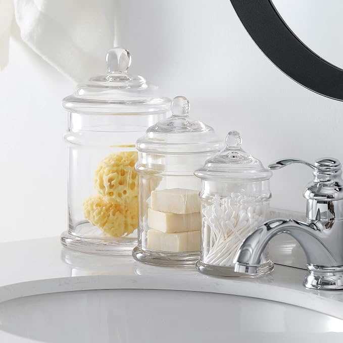 Glass Apothecary Jars Bathroom Storage Organizer Canisters (Set of 3, Clear)