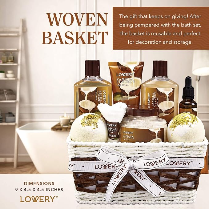 Gifts For Women Gift Basket for Women– 9 Piece Set of Vanilla Coconut Home Spa Set, Luxurious Gifts for Her, Bath and Body Sets Includes Fragrant Lotions, Large Bath Bombs, Coconut Oil