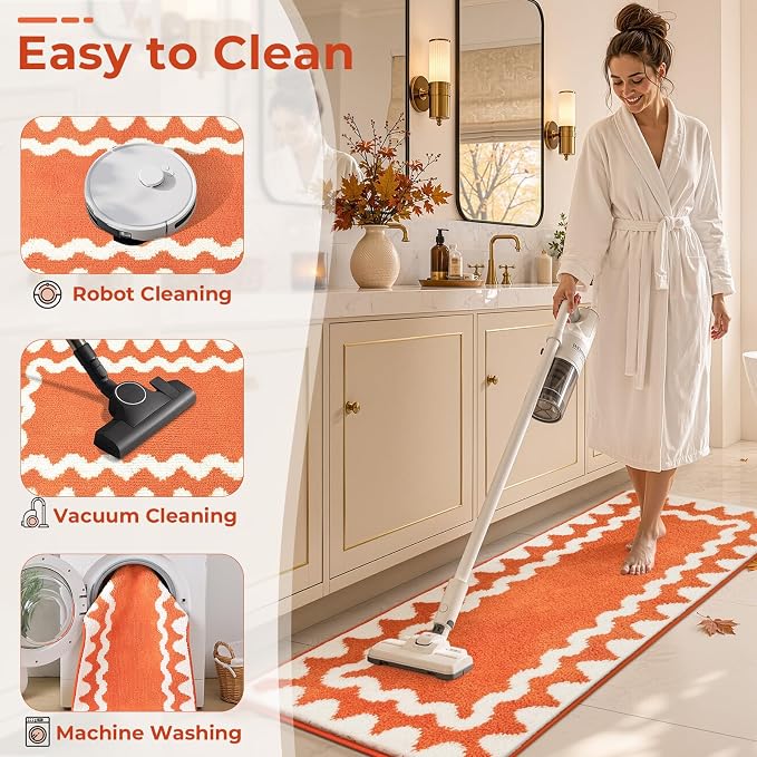 Findosom Fall Bathroom Rugs Sets 3 Piece, Absorbent Non-Slip Bath Rug Set | Washable Soft Microfiber Shaggy Scalloped Fall Bath Mat Set with Bathroom Runner Rug, U-Shaped Toilet Rugs, Shower Rug,Orange