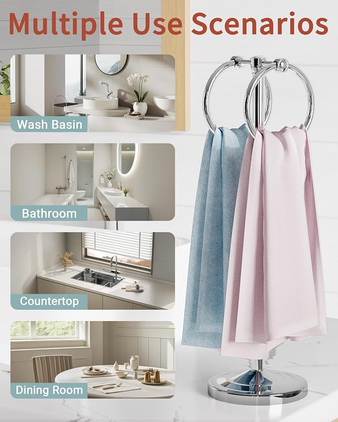 18" Hand Towel Holder Stand, Stainless Steel Free Standing Towel Rack Bar,Double Ring Towel Hanger with Weighted Base, Towel Hardware for Bathroom Vanity Kitchen Countertops(Chrome)