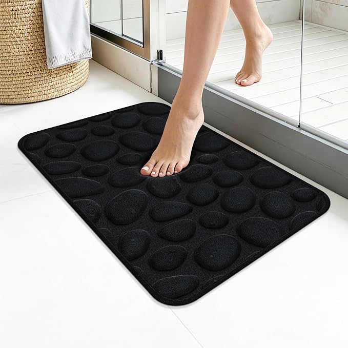 Stone Bath Mats, Non-Slip Memory Foam Bathroom Rug, 16x24 Black | TPR Rubber Backing,Ultra Soft,Highly Absorbent,Machine Washable,Quick Dry for Tub and Shower, Home Decor Accessories