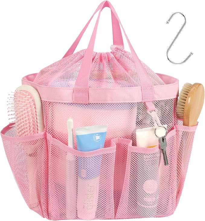 F-color Mesh Shower Caddy Portable with Drawstring - Large 8 Pockets Dorm Room Essentials for Guys Girls with S Hook, Shower Bag Basket Tote for College Camping Gym Travel Toiletry Bathroom, Pink