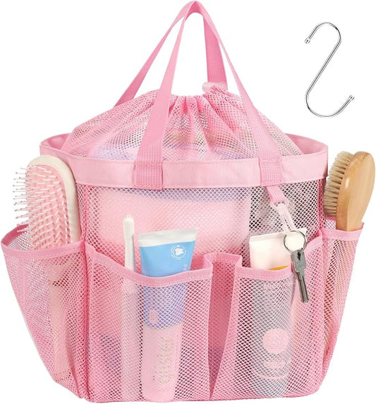 F-color Mesh Shower Caddy Portable with Drawstring - Large 8 Pockets Dorm Room Essentials for Guys Girls with S Hook, Shower Bag Basket Tote for College Camping Gym Travel Toiletry Bathroom, Pink