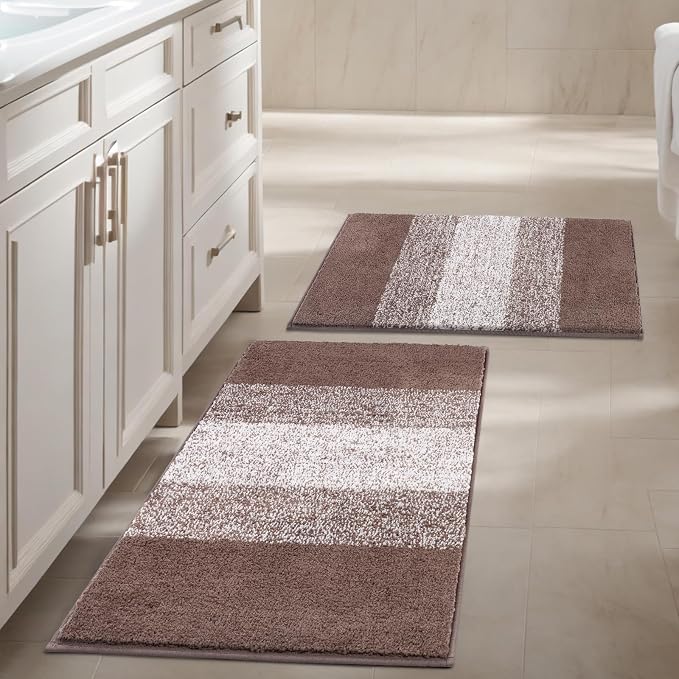 Vaukki Luxury Soft Bathroom Rugs Set of 2, Coffee Non Slip Bath Floor Mat | Microfiber Shaggy Plush Absorbent Striped Washable Bath Carpet for Tub, Bathroom and Shower, 18''x26''+20''x32''