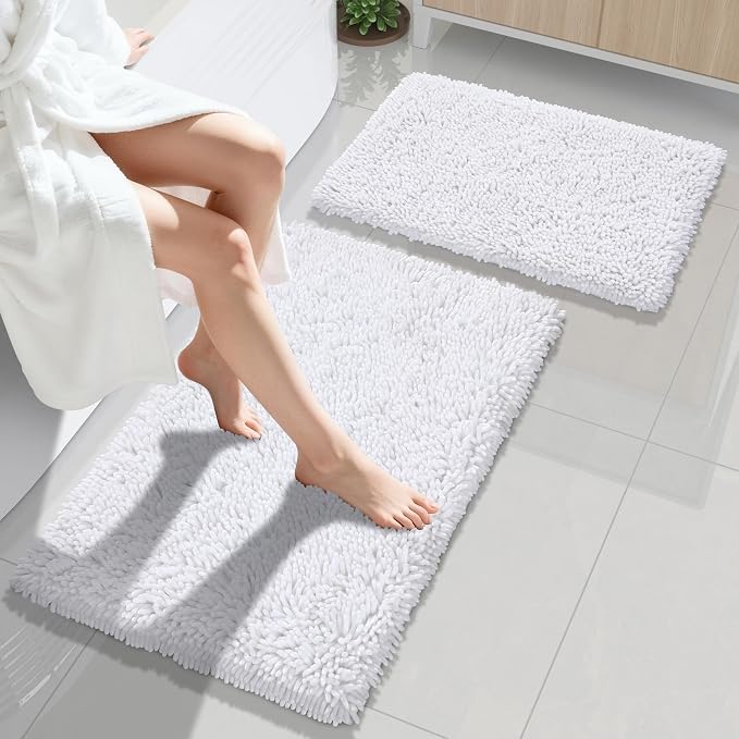 Yimobra Bathroom Rug Set 2 Piece, Luxury Shaggy Bath Mat Set with Non Slip Backing, Ultra Soft & Absorbent Mats for Bathroom Floor, Machine Washable, 31.5"x20"+24"x17", White