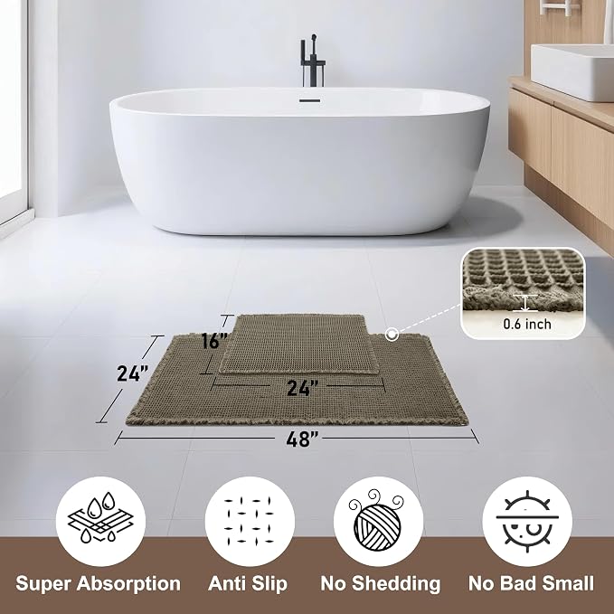 JIUZHEN Set of 2 Waffle Bathroom Rugs Non Slip Bath Mats 16"x24"+24"x48" | Olive Green, Boho, Absorbent, Washable, Ultra Soft, Fast Drying Bath Rug and Bathroom Runner for Kitchen Hallway Laundry