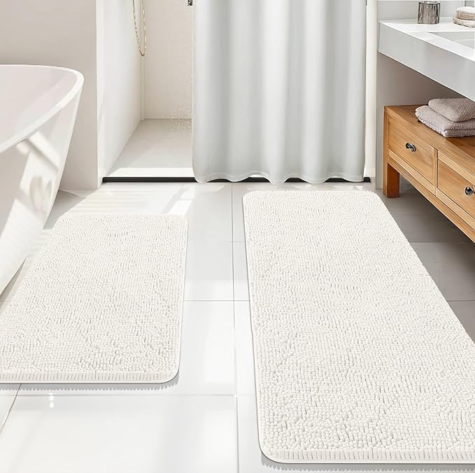 OLANLY Chenille Bathroom Rugs Mats Sets 2 Piece, 59"x20"+30"x20", Ivory | Ultra Soft Absorbent Bath Rugs Set, Rubber Backing Non-Slip, Quick Dry, Machine Washable Bath Carpet, Home Decor Accessories