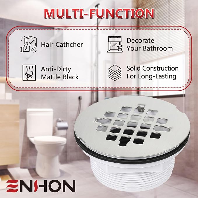 Enhon 4.25" OD Shower Drain Assembly, Snap in Shower Base Drain and Round Grid Strainer Cover, Fits 2 in. Schedule 40 ABS and PVC Pipes, Stainless Steel Cap, ABS Base(Silver,1 Pack)