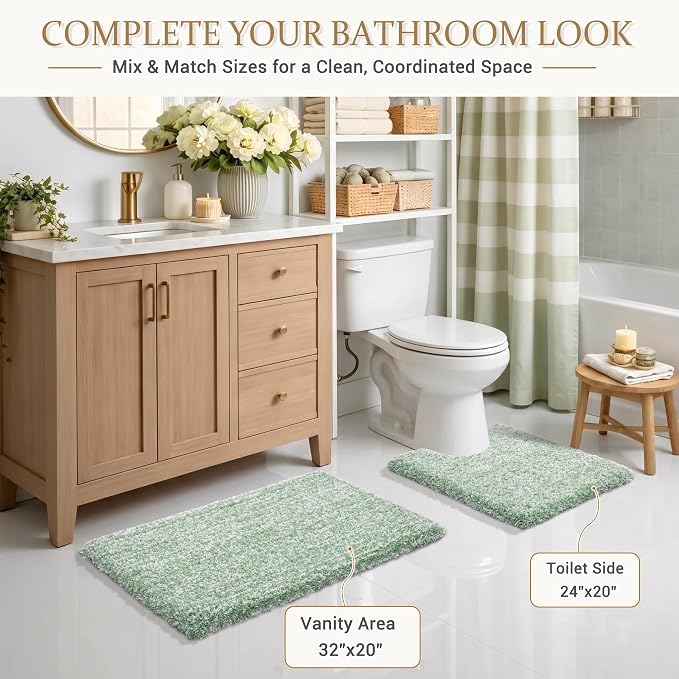Yimobra Light Green and White Bath Rugs for Bathroom 32X20, Ultra Soft and Water Absorbent Bath Mats, Non Slip Plush Shower Rugs, Microfiber Thick Matts for Bathroom Floor/Tub, Machine Washable