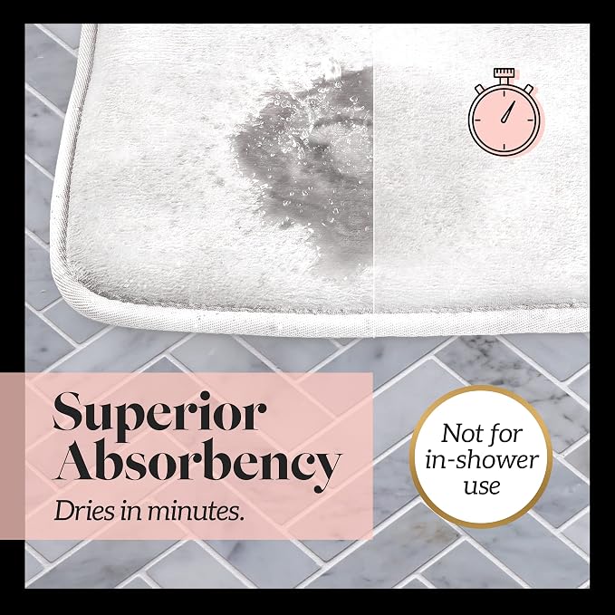 Memory Foam Bath Mat Non Slip Absorbent Super Cozy Velvet Bathroom Rug Carpet (22 inches X 36 inches, White)