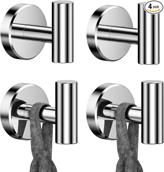 RARXTR Chrome Bathroom Towel Hook, Coat Robe Clothes Hook for Kitchen Garage Wall Mounted 4 Pack, 304 Stainless Steel, Heavy Duty Door Hanger, Cabinet Closet Wall Hook for Hotel Pool (Polished Chrome)