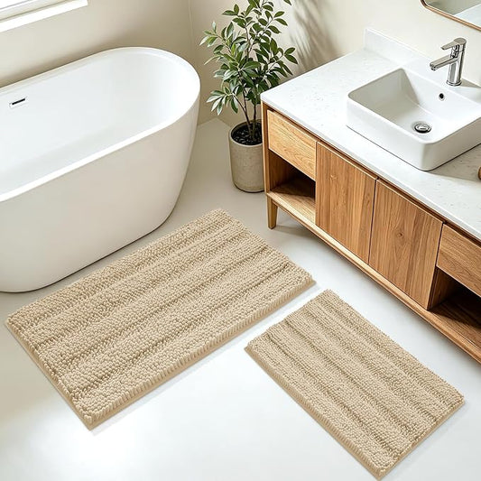 ACCUMTEK Striped Beige Bathroom Rug Mat Set 2 piece 32"x20"+24"x17" Ultra Soft, Non Slip Chenille Bath Rugs, Absorbent Plush Shaggy Bath Mats for Bathroom, Bedroom, Kitchen, Shower, Tub