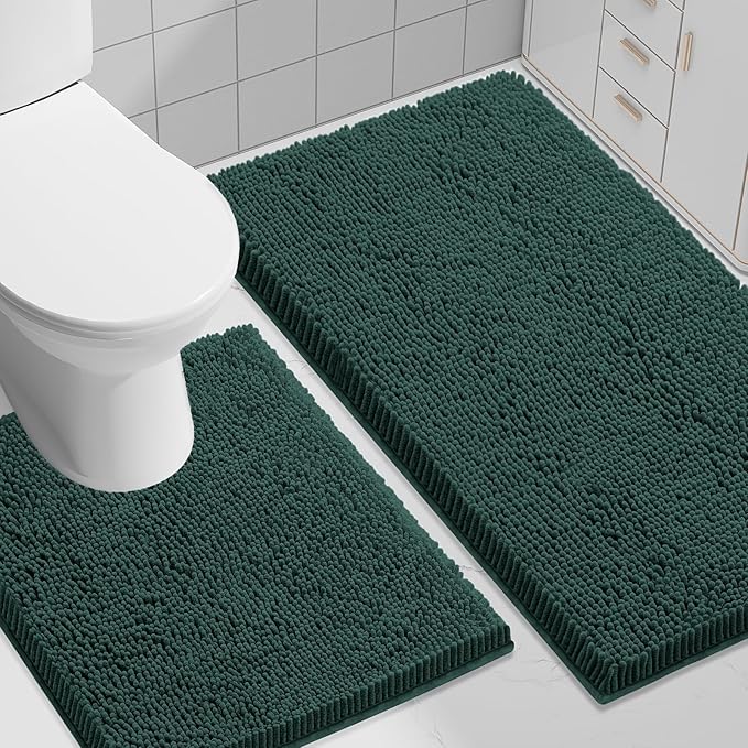 Smiry Chenille Bathroom Rugs Sets 2 Piece (30x20+ U Shape 24x20, Green) | Soft Absorbent Machine Washable Non Slip Shaggy Bath Rug Set for Tub, Shower, and Floor, Home Decor