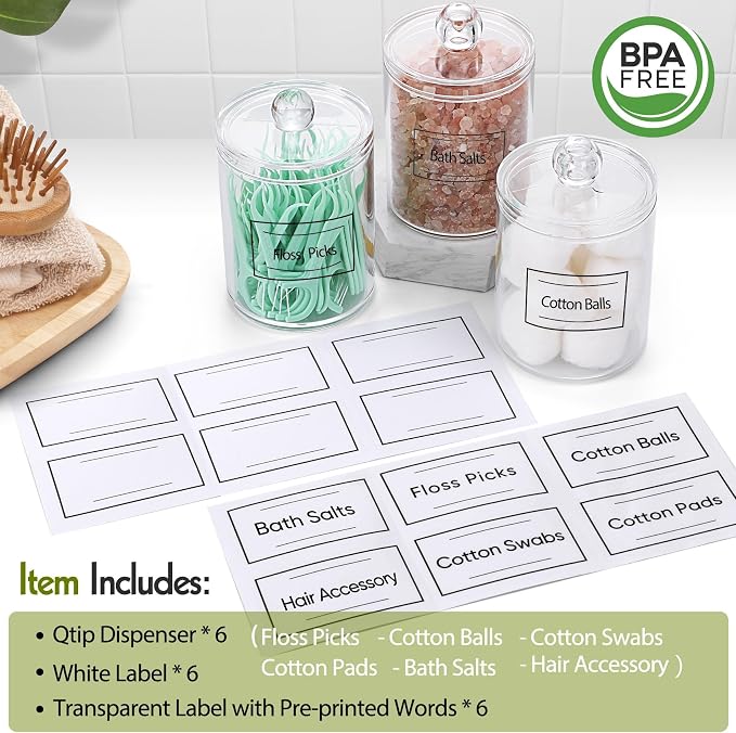 6 Pack Acrylic Qtip Holder Dispenser for Cotton Swabs, Balls, Floss Picks | Thick, Highly Clear, w/ Labels - Small Canister Apothecary Jar Set, Bathroom Decor Essentials, Shelf Vanity Storage Organizer