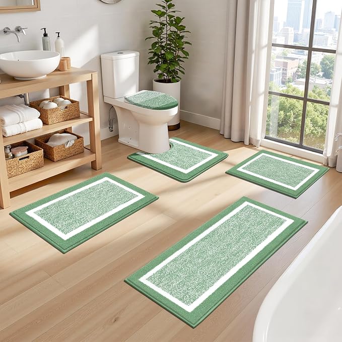 Pauwer Bathroom Rugs Sets 5 Piece, Microfiber Bath Mats, Green | Non Slip Washable U Shaped Toilet Rug, Long Shower Runner, Toilet Lid Cover, Quick Dry Absorbent Plush Floor Carpet