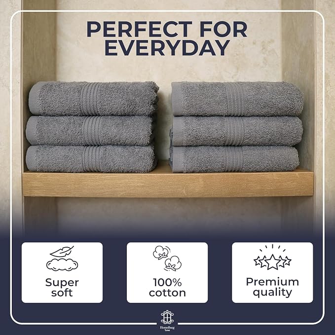 Luxe 6-Piece Hand Towel Set – Soft & Absorbent Cotton, Hotel Quality, Quick-Drying, Easy Care,16 x 28 in (Stone Grey)