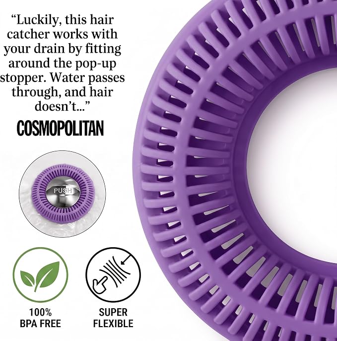 TubRing Pop-Up Drain Protector & Strainer Silicone Hair Catcher, Violet | Easy snap-in design fits around bathtub stoppers. Customizable utility guard for clog prevention. Fits 1.85"- 2.16" drains.