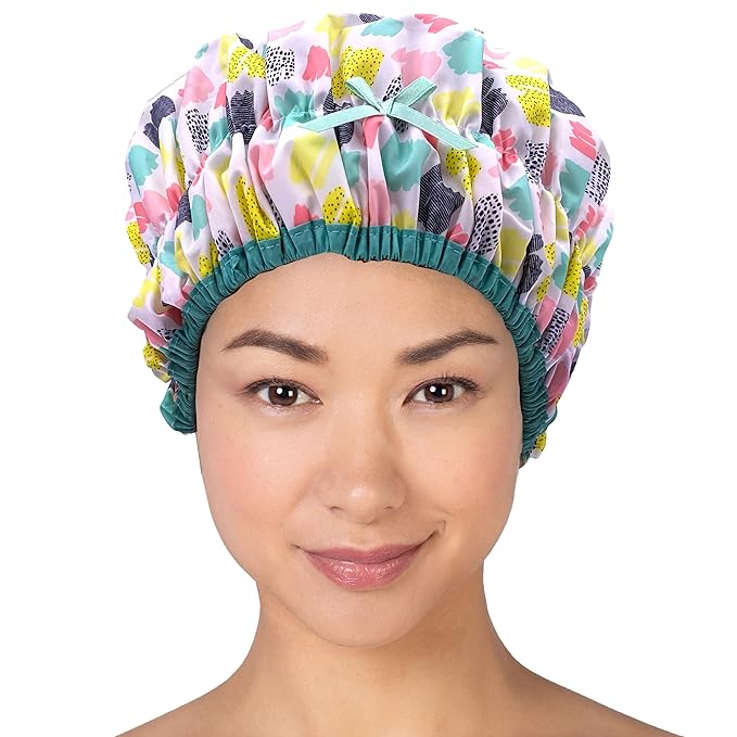Betty Dain Fashionista Reusable Shower Cap, Living Color | Oversized Waterproof PEVA Lined Bath Cap for All Hair Lengths, Elastic Stretch Hem Hair Hat