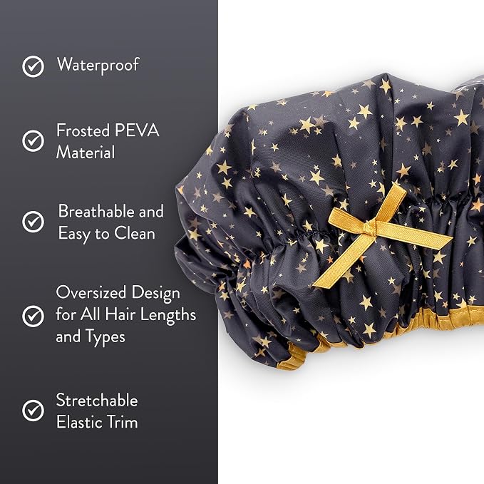 Betty Dain Fashionista Reusable Shower Cap, Starry Nights | Oversized Waterproof PEVA Lined Bath Cap for All Hair Lengths, Elastic Stretch Hem Hair Hat