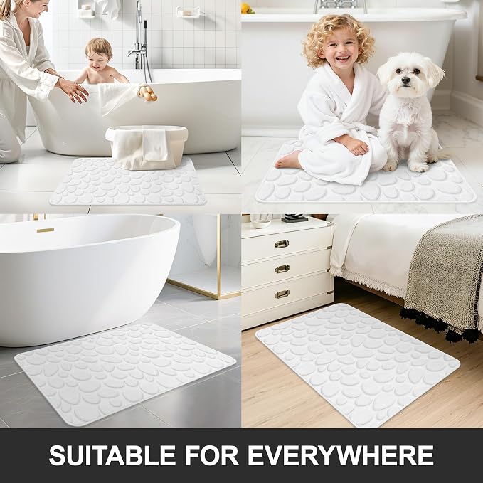 Stone Bath Mats, Non-Slip Memory Foam Bathroom Rug, 16x24 White | TPR Rubber Backing,Ultra Soft,Highly Absorbent,Machine Washable,Quick Dry for Tub and Shower, Home Decor Accessories