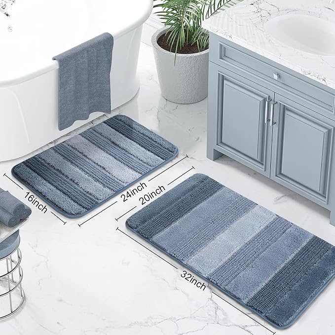 Kmson 2 Pcs Ombre Chenille Bathroom Rugs Set, Non-Slip Shower Mats for Bathroom Floor & Bathtub, Ultra Soft Washable Shaggy Bath Rugs, Thick Absorbent Microfiber Bath Mat Set Blue