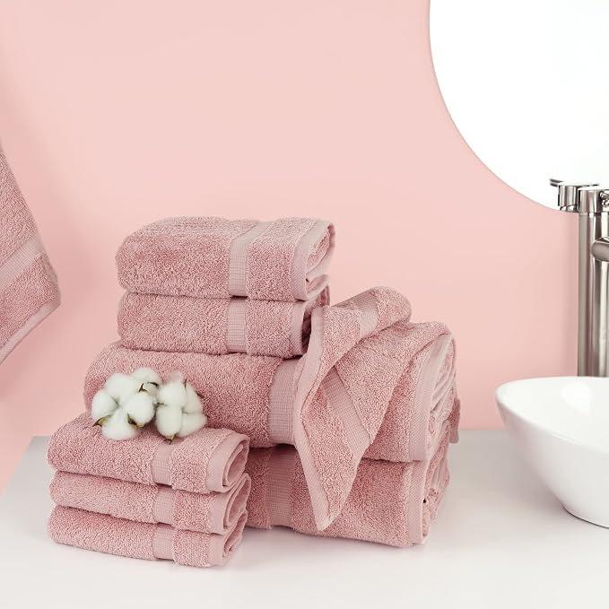 Chakir Turkish Linens 100% Cotton 8-Piece Towel Set, Pink | 100% cotton 8-pc set, OEKO-TEX certified: 2 bath 27x54, 2 hand 16x30, 4 washcloths 13x13