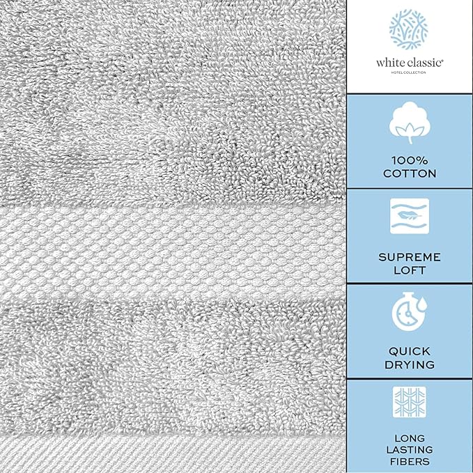 White Classic Luxury Silver Hand Towels - Soft 100% Turkish Cotton | Highly Absorbent Hotel spa Bathroom Towel Collection | 16x30 Inch | Set of 6