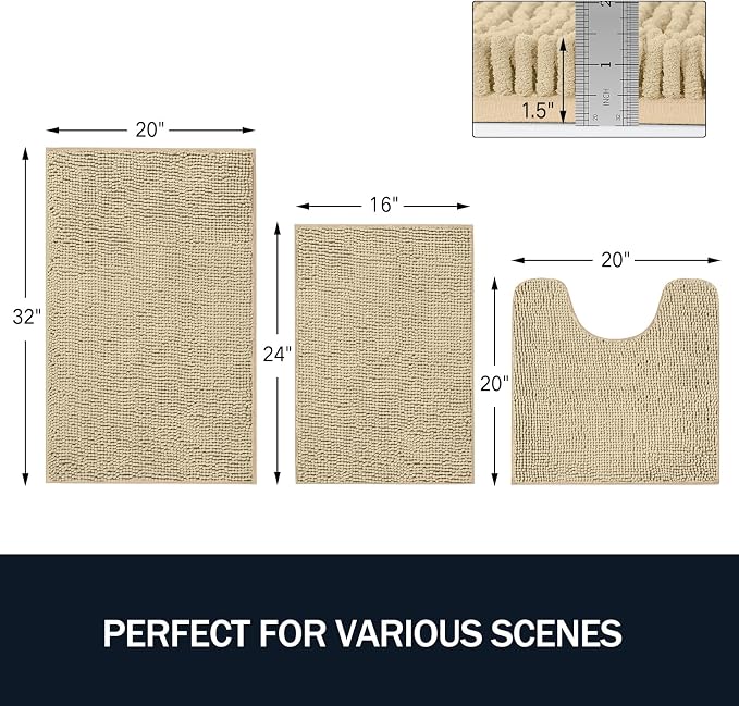 LINLA 3 Pieces Bathroom Rugs Set, Non-Slip Chenille Bath mat | Absorbent Thick Plush Chenille Carpet Mats Set,Washable Dry Quickly with U-Shaped Toilet Mat for Tub, Shower