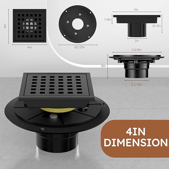4 Inch Square Black Shower Drain Kit with Flange & Lifting Hook, Modern Floor Drain with Removable Quadrato Pattern Grate, Stainless Steel SUS 304 (Matte Black, 4 Inch)