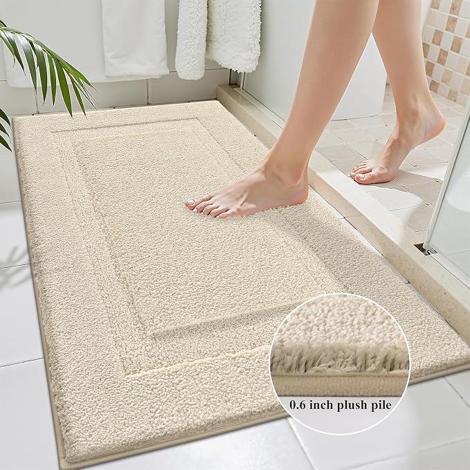 SHACOS Soft Microfiber Bathroom Rugs Set of 2 Pieces, Light Beige | 47x20 + 32x20, Absorbent Plush Bath Rugs, Non Slip Washable Shaggy Bath Mats, Fluffy Bathroom Runner Floor Mats Shower Rug