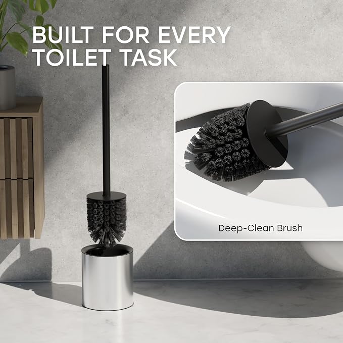 Toilet Bowl Brush and Holder Set for Bathroom – Silver | Stainless steel toilet brush set with enclosed holder and built-in splash guard for deep bathroom cleaning in silver