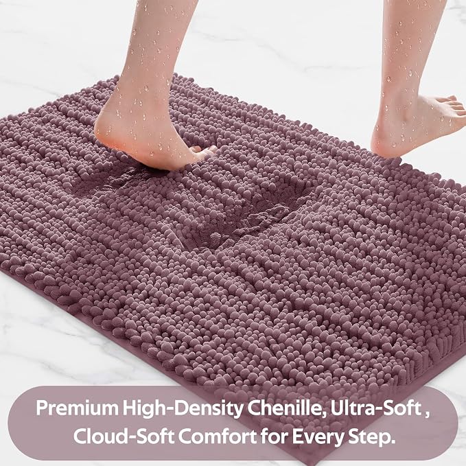 ACCUMTEK Upgrade Extra Large Mauve Bathroom Rug Set 3 Pieces Ultra Soft, Thick Absorbent Bath Mats, Non Slip Chenille Toilet Mat for Bathroom, Bedroom, Kitchen