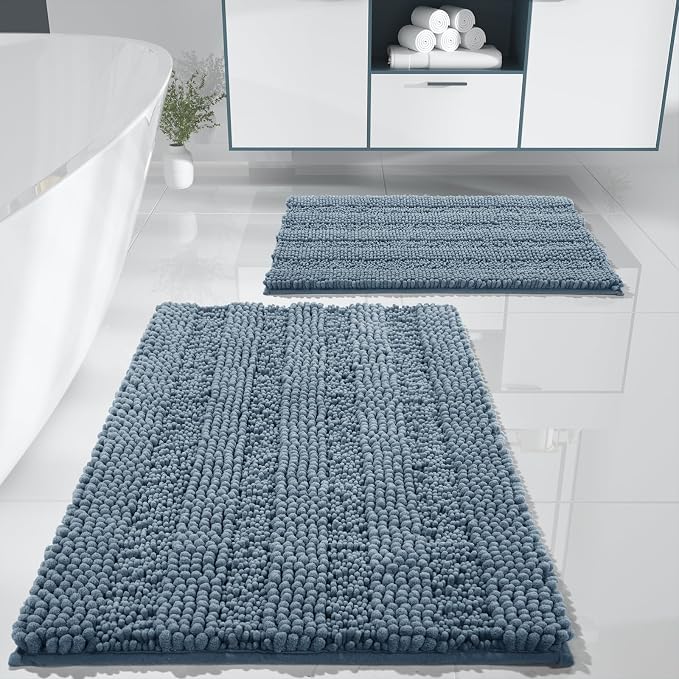 Yimobra Bathroom Rug Set 2 Piece, Absorbent Chenille, 32x20+24x17, Denim Blue