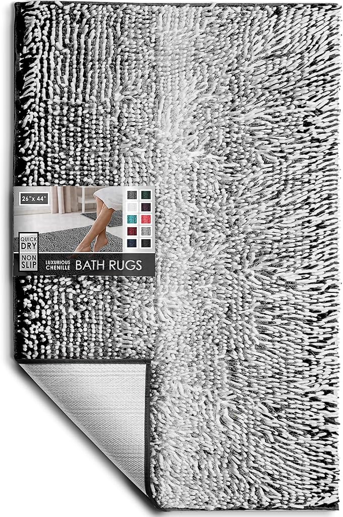 Hearth & Harbor Bathroom Rugs, Chenille Bath Mat - Machine Washable Bath Mats for Bathroom Non-Slip Backing Rubber, Quick Dry Bathroom Mat, 26 x 44 - Ombre Black