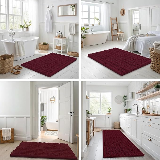 Smiry Bathroom Rugs 47X24, Extra Soft Rubber Backing Chenille Bath Mats | Burgundy Machine Washable Non Slip Quick Dry Bath Mats for Bathroom Floor, Tub, Shower, Home Decor Accessories