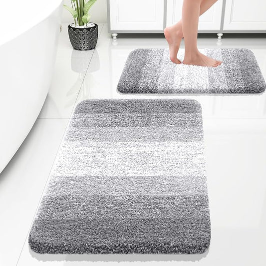 OLANLY Micorfiber Bathroom Rug Set 2 Piece, 30"x20"+24"x16" | Light Grey, Soft Absorbent Bath Rug Set, Non-Slip, Machine Wash Dry, Plush Shaggy Bath Mats for Bathroom