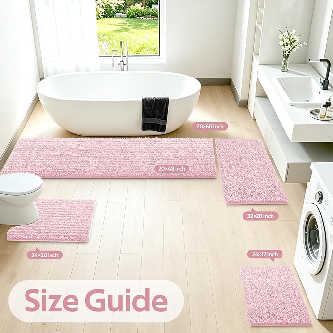 ACCUMTEK Upgrade Extra Large Pink Bathroom Rug Set 3 Pieces Ultra Soft, Thick Absorbent Bath Mats, Non Slip Chenille Toilet Mat for Bathroom, Bedroom, Kitchen