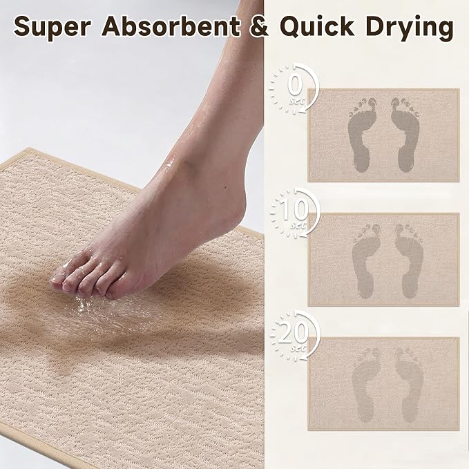 Pauwer Bathroom Rugs Sets 3 Piece, Ultra Thin Bath Mat Set, Beige | Non Slip Washable, Quick Dry, Super Absorbent, U-shaped Contour Toilet Rug, Low Pile, For Floor Sink Shower Room