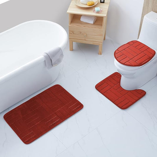 All American Collection 3PC Memory Foam Bath Mats Soft Plush Stripe Design Anti-Slip Shower Bathroom Contour Toilet Lid Cover Rugs (Stripe Brick)