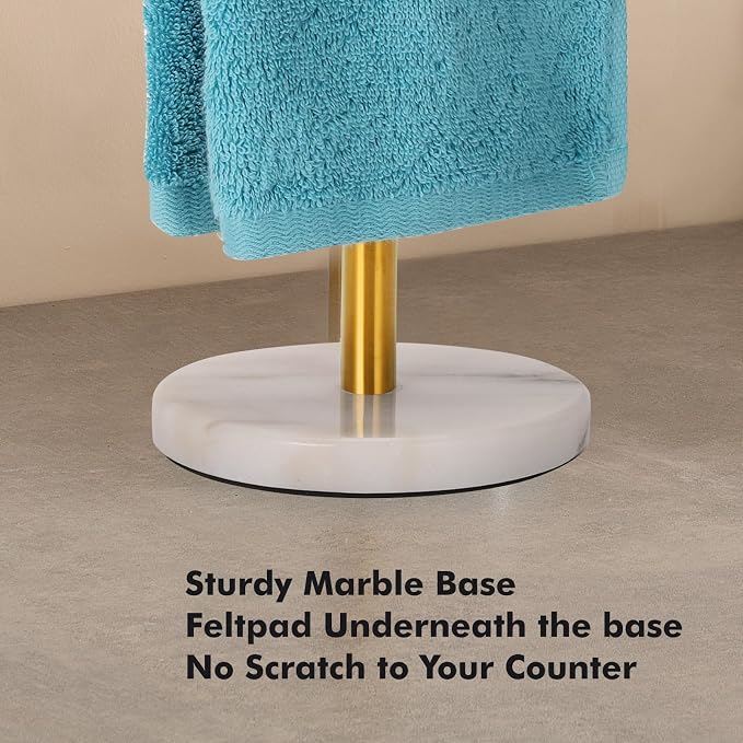 Kalitro Gold Towel Rack with Heavy Marble Base, Free Standing Hand Towel Holder Stand for Bathroom Stainless Steel T-Shape Brushed Gold